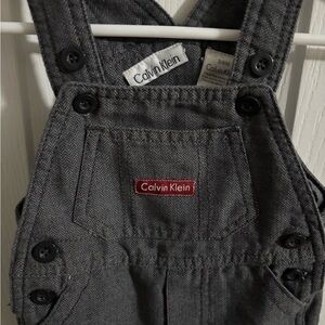 Calvin Klein Gray Herringbone Baby Overalls with Red Logo